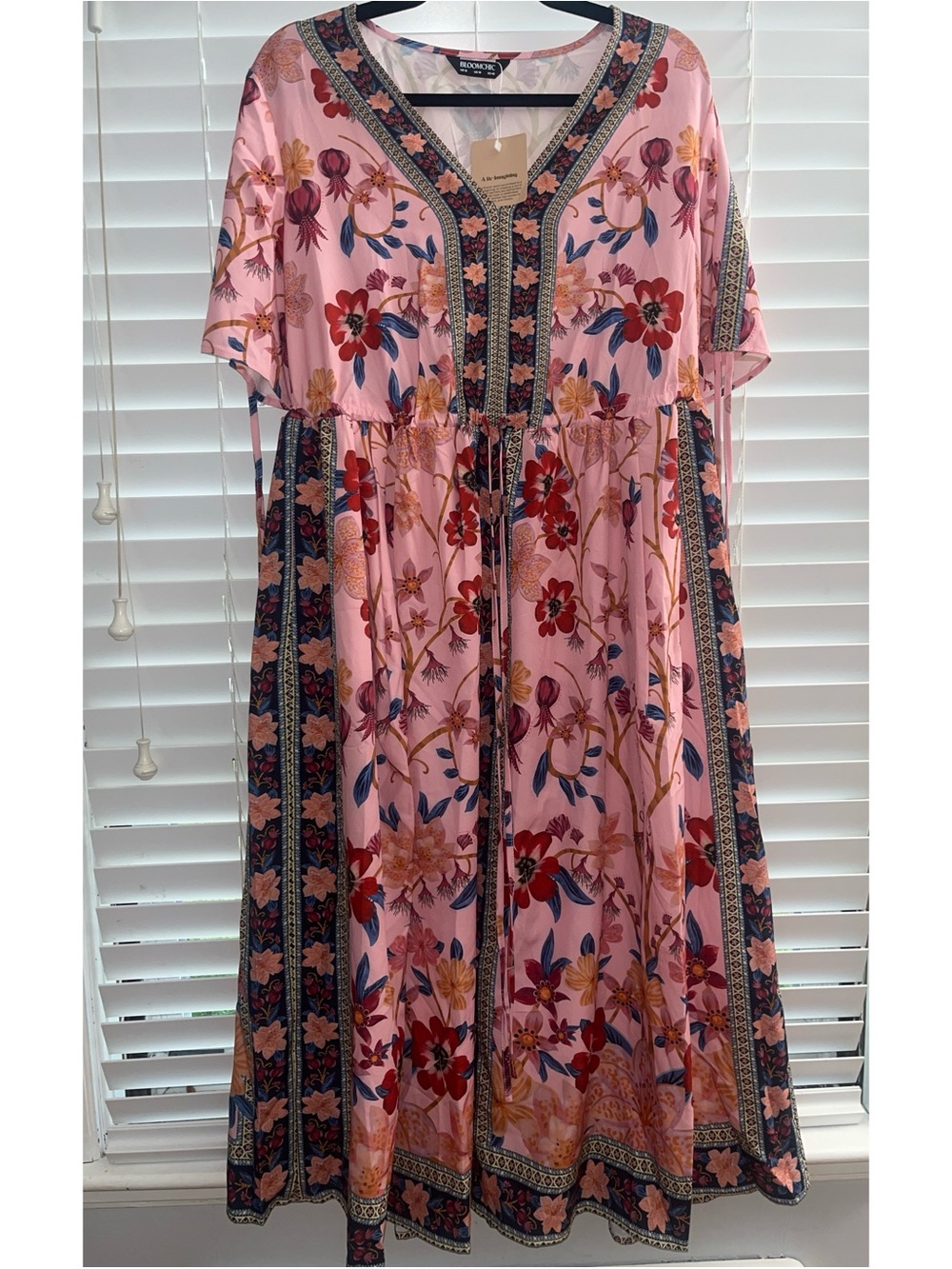 BloomChic Boho Print V Neck Drawstring Dress NWT
